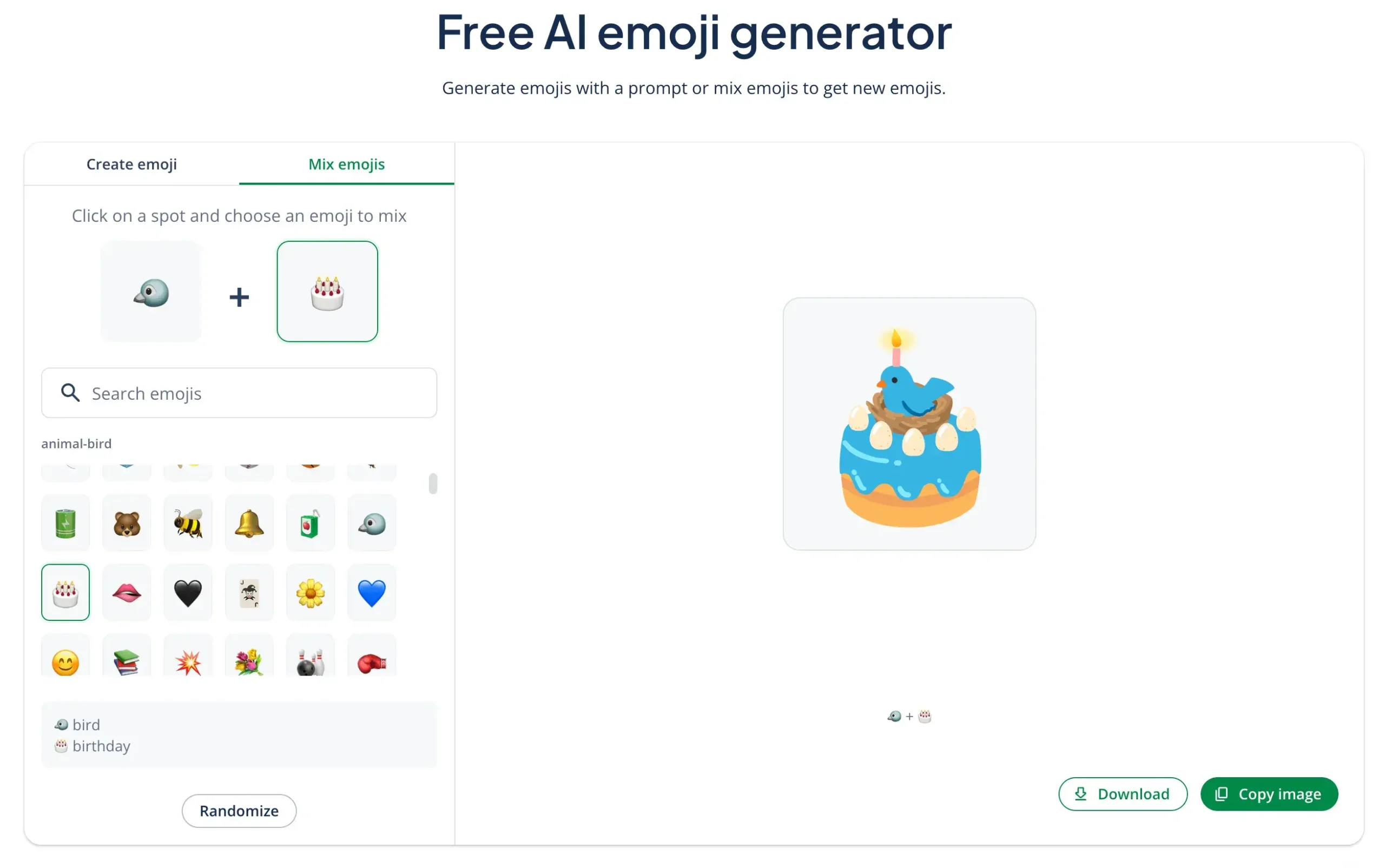 A screenshot of QuillBot's emoji generator showing by combining two random existing emojis