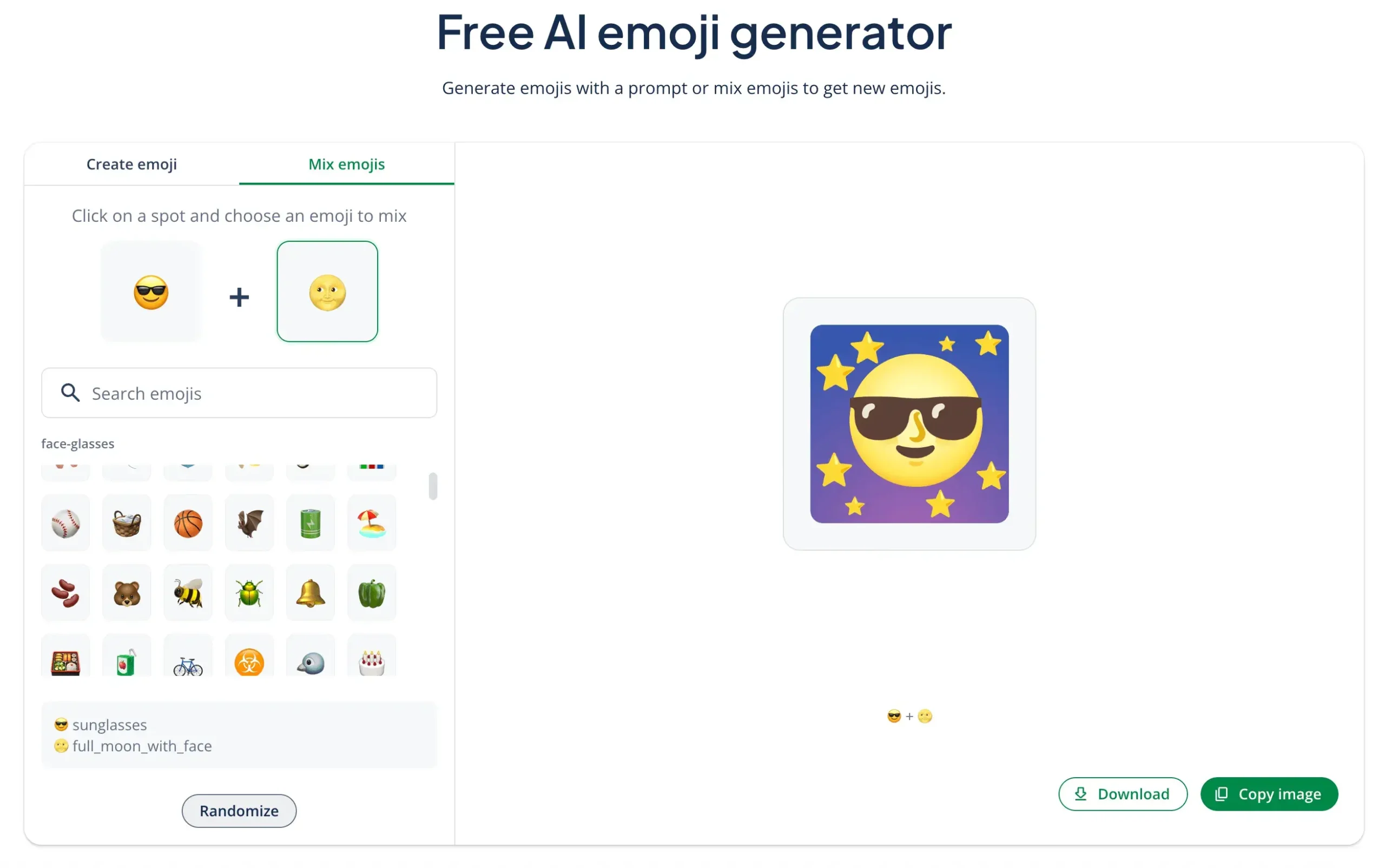 A screenshot of QuillBot's emoji generator showing an emoji generated by combining two existing emojis