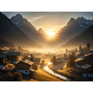 AI-generated image of a quiet mountain village at sunrise with warm golden light over small houses and surrounding hills.