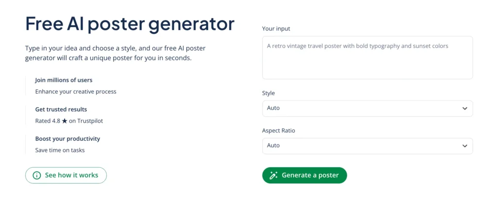 A screenshot of the interface for QuillBot's AI poster generator