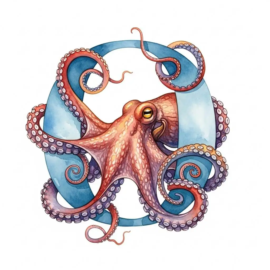 Water color style image of an octopus inside a letter O