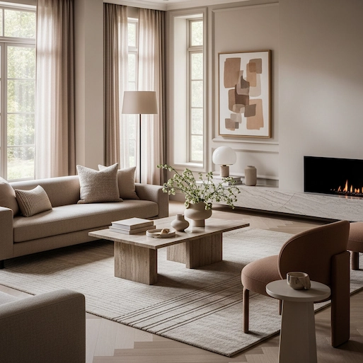 Uma sala de estar onde predomina a cor nude claro. Há um sofá com duas poltronas em frente, uma mesa de centro com livros e vasos de plantas em cima, uma lareira acesa e grandes janelas por onde entra a luz do dia.