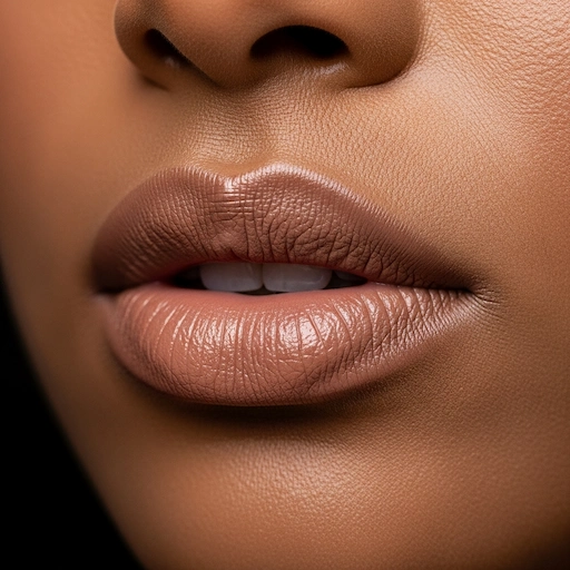 Close-up de lábios com batom nude em tom marrom-rosado, aplicado em pele da mesma cor.