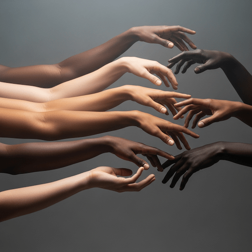 Imagem de nove braços, de cores de pele diferentes, encostando uns nos outros pelas pontas dos dedos