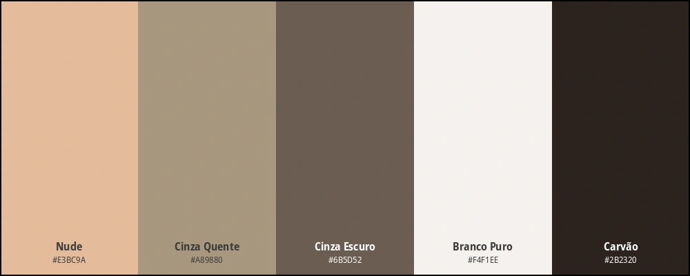 Paleta com as cores: nude, cinza quente, cinza escuro, branco puro e carvão