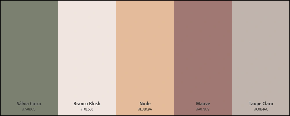 Paleta com as cores: sálvia cinza, branco blush, nude, mauve, taupe claro