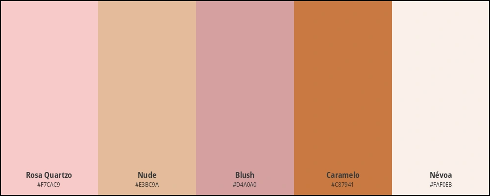 Paleta com as cores: rosa quartzo, nude, blush, caramelo e névoa