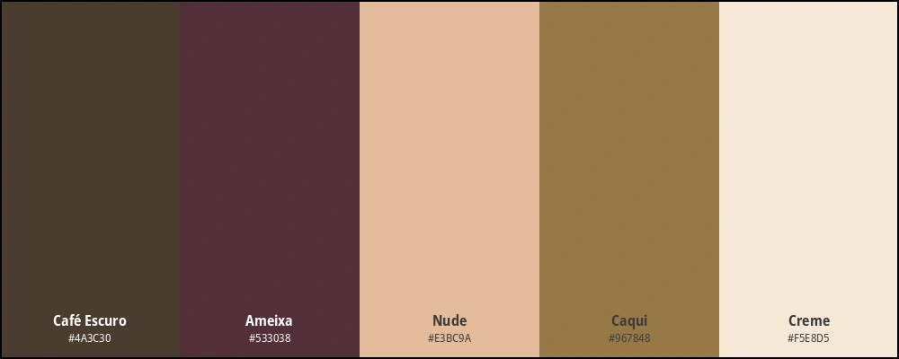 Paleta com as cores: café escuro, ameixa, nude, cáqui e creme.