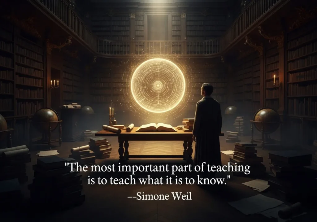 Simone Weil quote over an ancient library