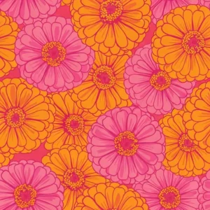 Repeating pattern of orange and pink zinnias