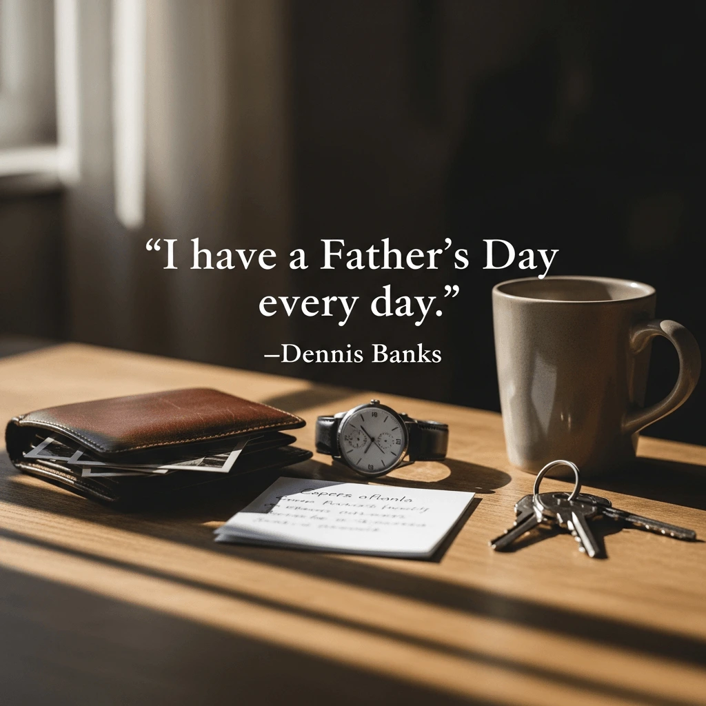happy father's day graphic showing pocket items like a wallet, keys, and a note with a quote by dennis banks