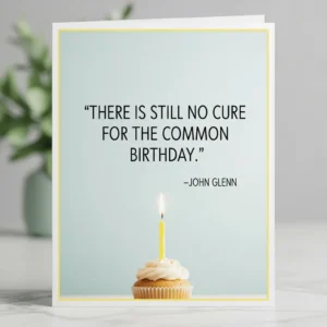 john glenn birthday quote with a light blue background and small cupcake with. single birthday candle