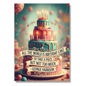 george harrison birthday quote with a surrealist tiered birthday cake and whimsical detailing