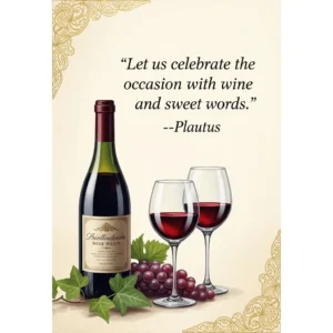 plautus birthday quote with two glasses of wine, a wine bottle, grapes and grape leaves plus simple border details