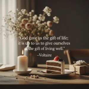 birthday quote from voltaire featuring cake, gift, flowers, and a candle