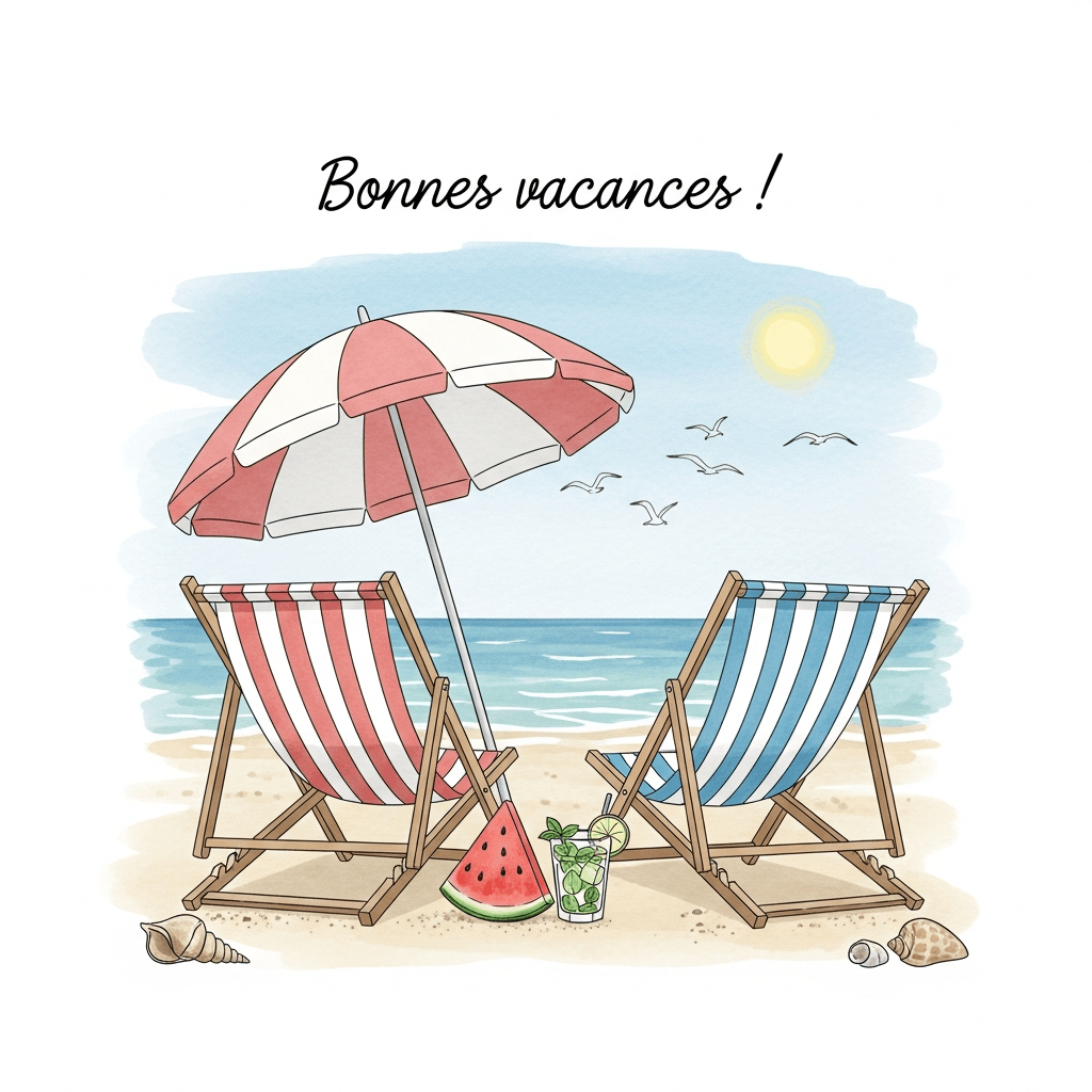 image bonnes vacances avec plage, chaises longues et parasol