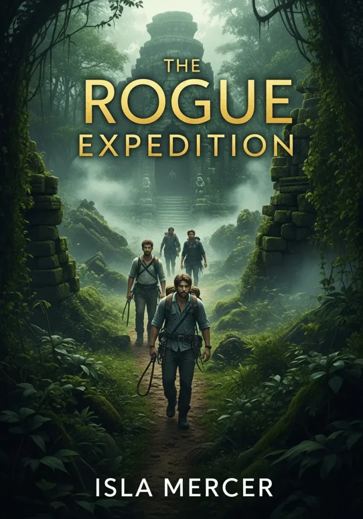 An AI-generated book cover for an adventure book about an expedition in the jungle