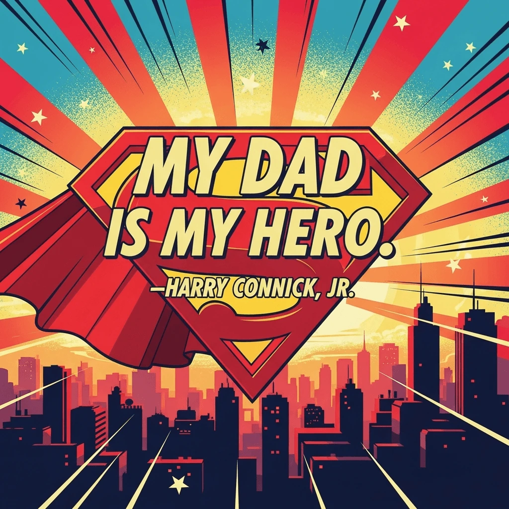 happy father's day graphic with a quote by henry connick, jr. stylized like a superhero
