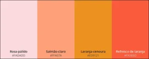 Paleta com as cores rosa-pálido, salmão-claro, laranja-cenoura e refresco de laranja.