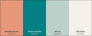 Paleta com as cores: salmão-escuro, verde-azulado, névoa e off-white.