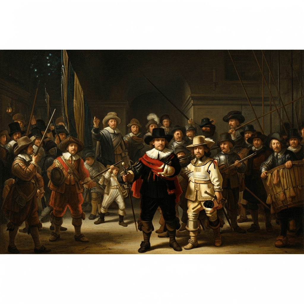 reconstitution du tableau restauré la ronde de nuit de remmbrandt avec IA