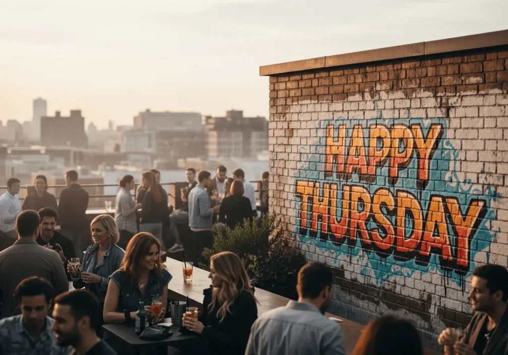 An AI-generated "Happy Thursday" image showing people at a rooftop bar with the greeting graffitied on a wall