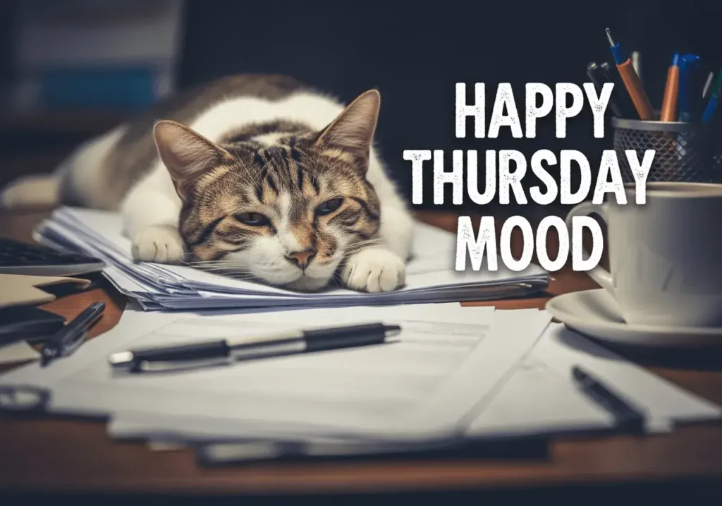 An AI-generated "Happy Thursday" meme showing a cat lying on a desk full of paperwork with the text "Happy Thursday mood"