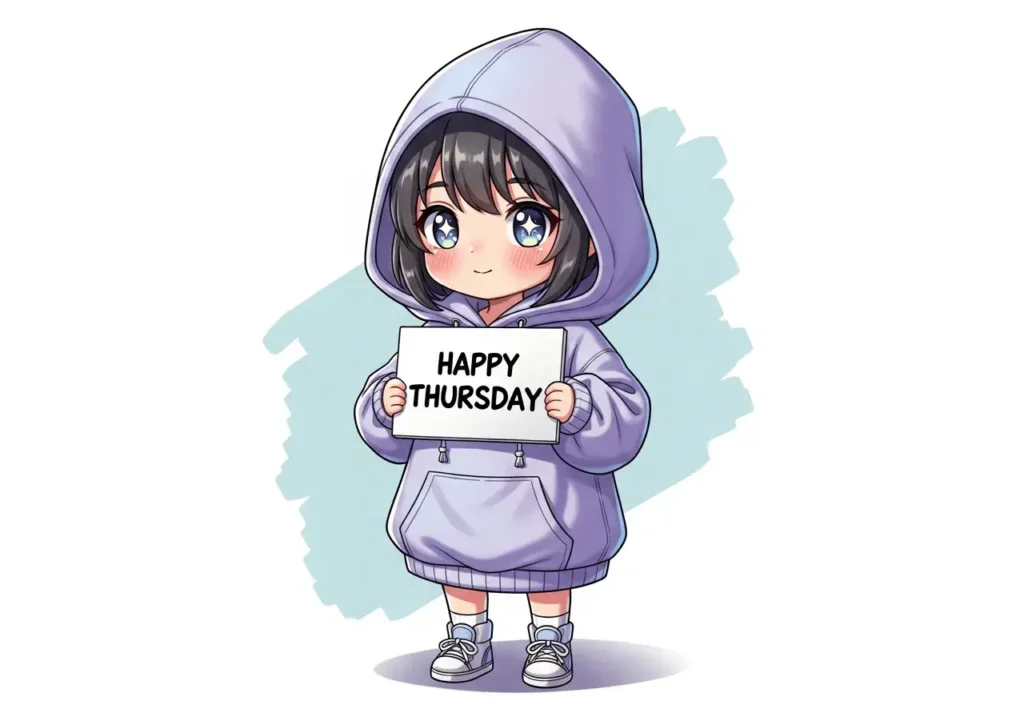 An AI-generated "Happy Thursday" showing a cute anime character holding a sign with the greeting