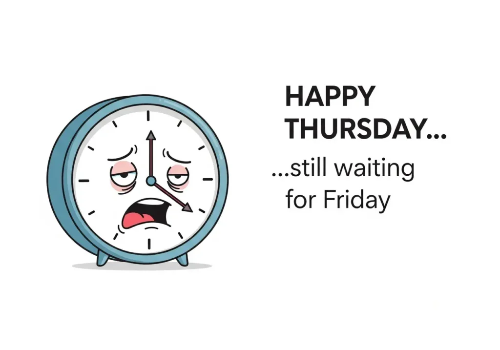 An AI-generated "Happy Thursday" meme showing an exhausted clock and the text "still waiting for Friday."