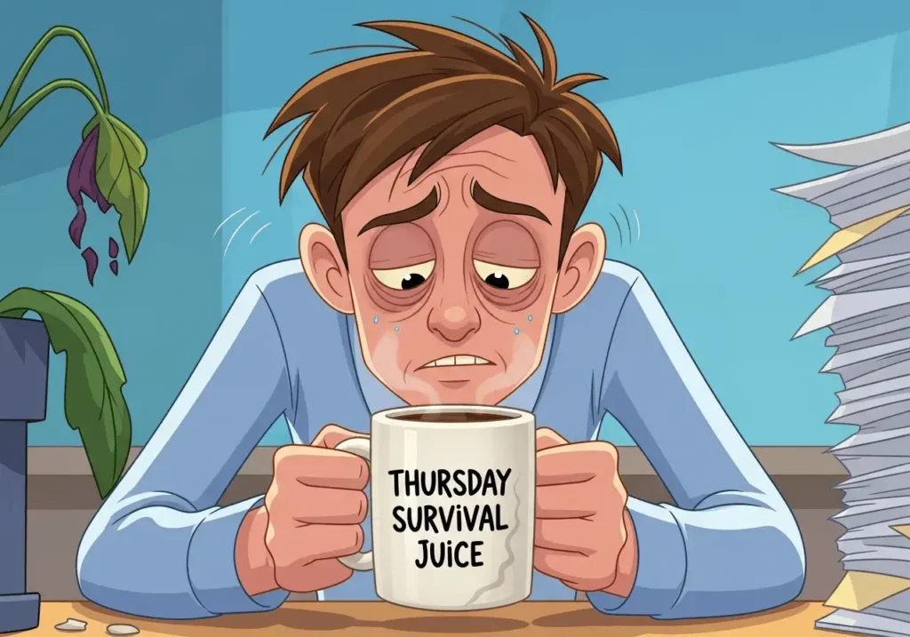 An AI-generated "Happy Thursday" meme showing a tired man with black coffee, labeled "Thursday survival juice"