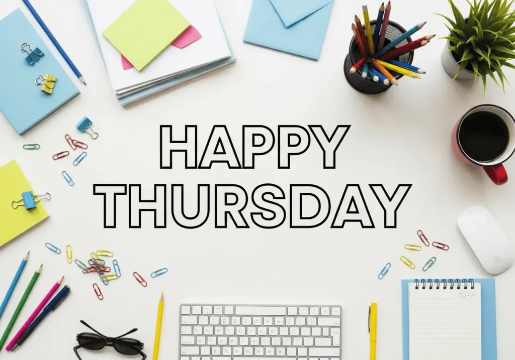 An AI-generated "Happy Thursday" image showing a flat lay of an office desk