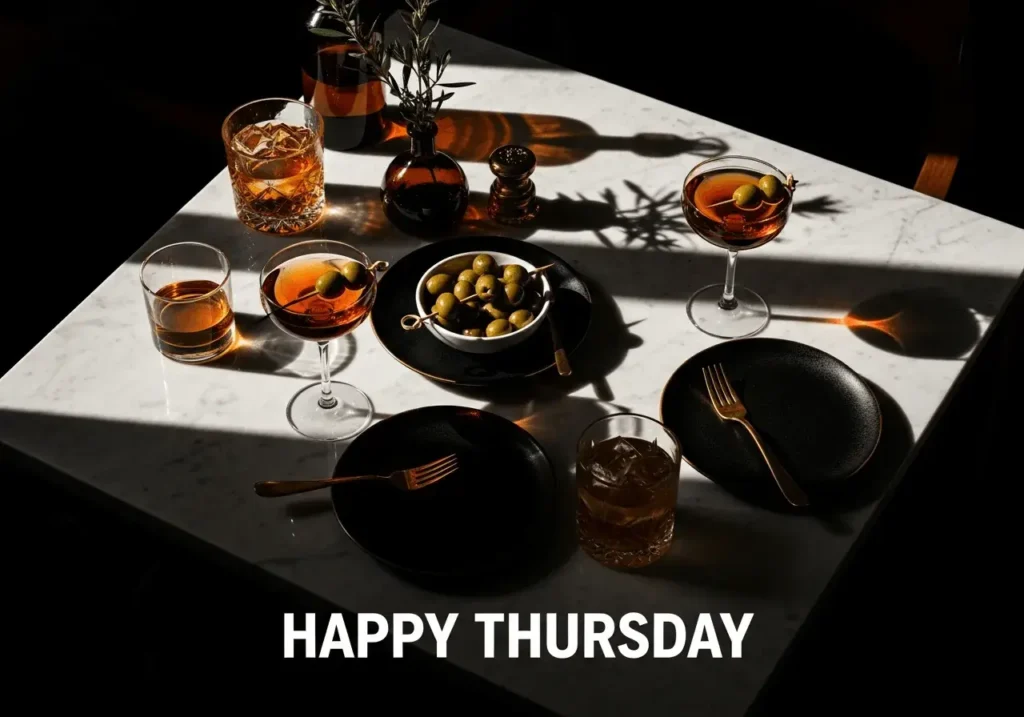 An AI-generated "Happy Thursday" image showing an elegant happy hour spread