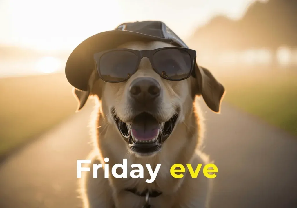 An AI-generated "Happy Thursday" meme showing a dog wearing a cap and sunglasses and the text "Friday eve"