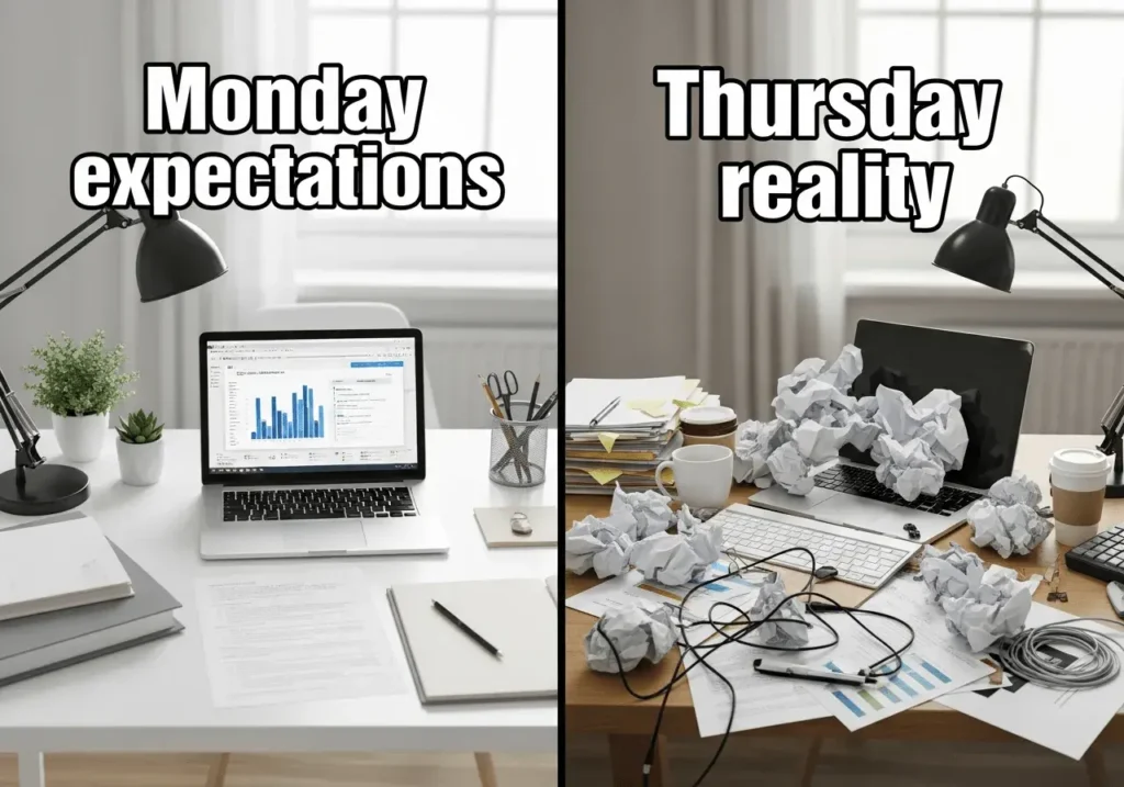 An AI-generated "Happy Thursday" meme showing "Monday expectations" versus "Thursday reality"