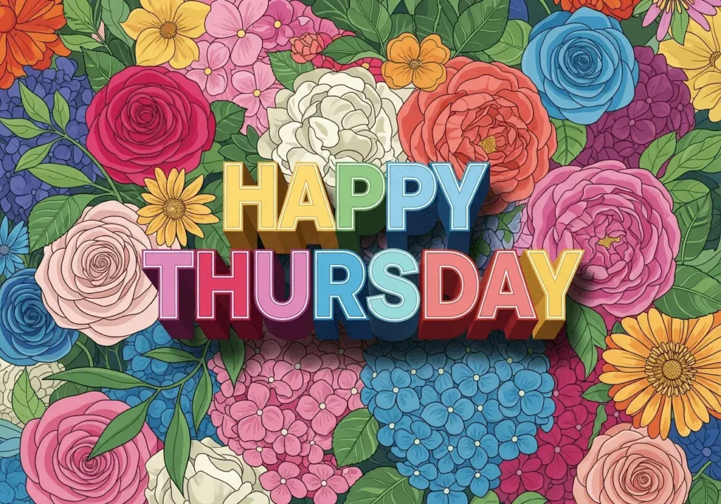 An AI-generated "Happy Thursday" image showing the greeting over a floral background
