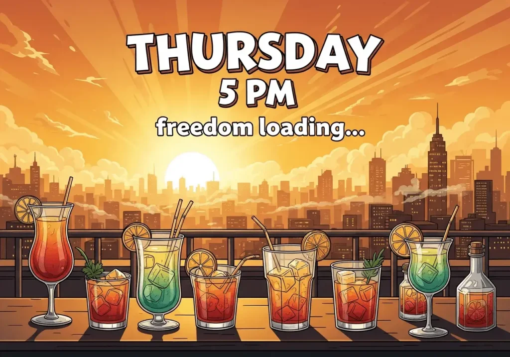 An AI-generated "Happy Thursday" meme showing drinks ready for people and the text "5PM: Freedom loading..."