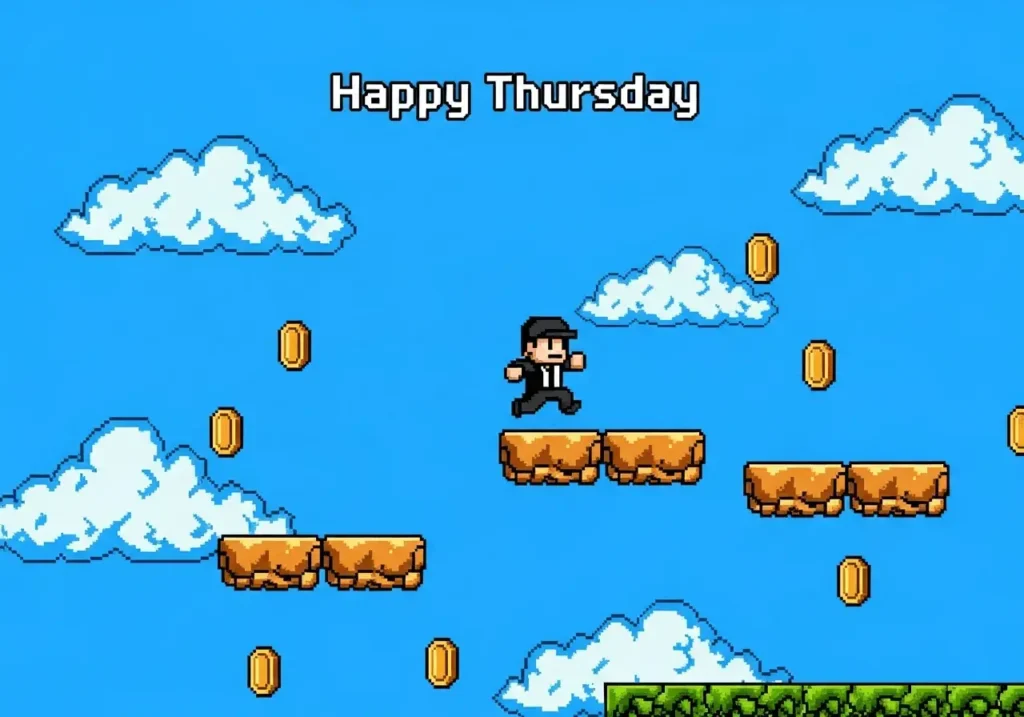 An AI-generated "Happy Thursday" image showing an 8-bit style video game featuring an office worker