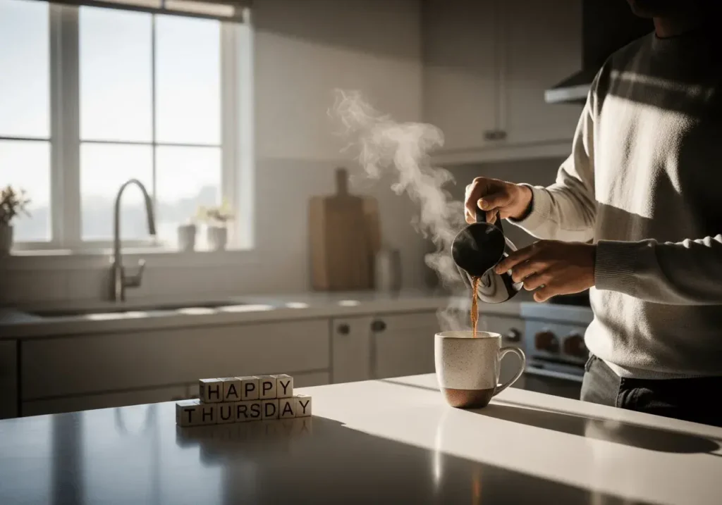 An AI-generated "Happy Thursday" image showing someone preparing coffee at home