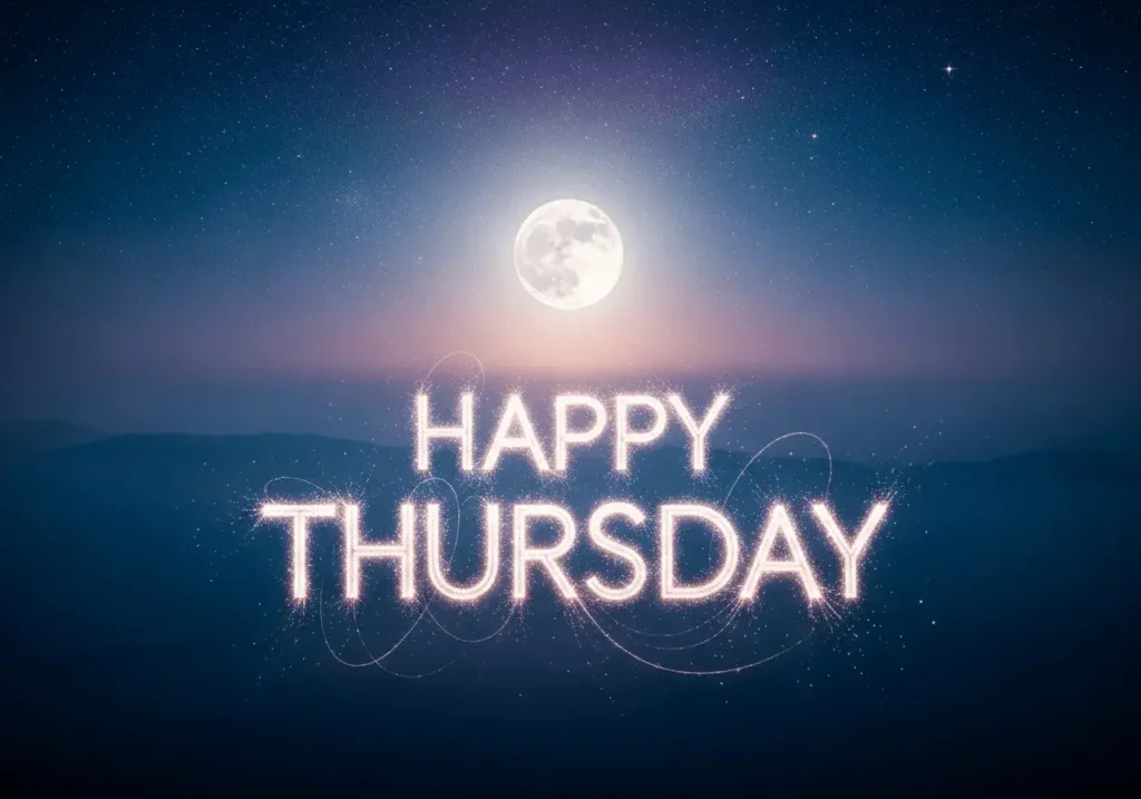 An AI-generated "Happy Thursday" image showing an abstract landscape with a glowing moon