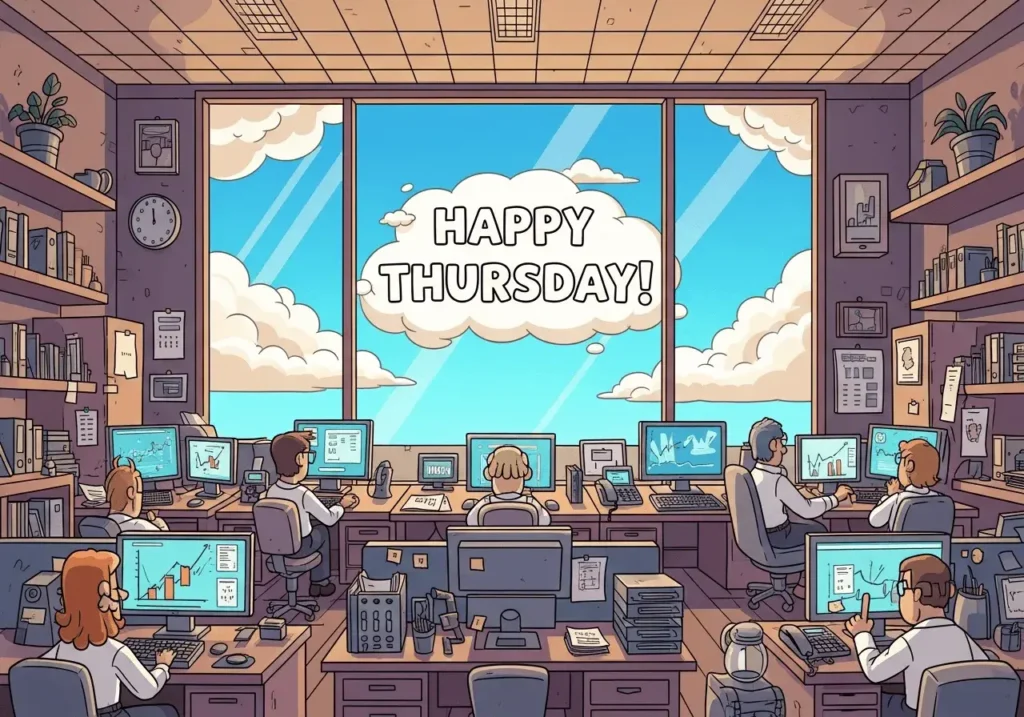 An AI-generated "Happy Thursday" image showing workers in an office with a blue sky outside the window