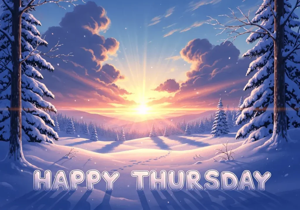An AI-generated "Happy Thursday" image showing a sunrise over a snowy landscape