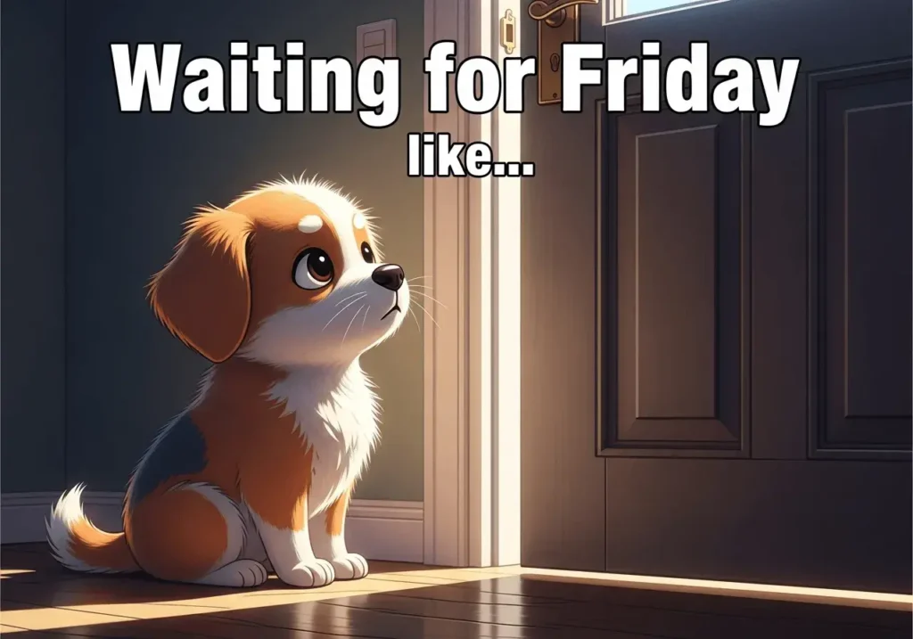 An AI-generated "Happy Thursday" meme featuring a dog waiting for its owner with text "Waiting for Friday like..."