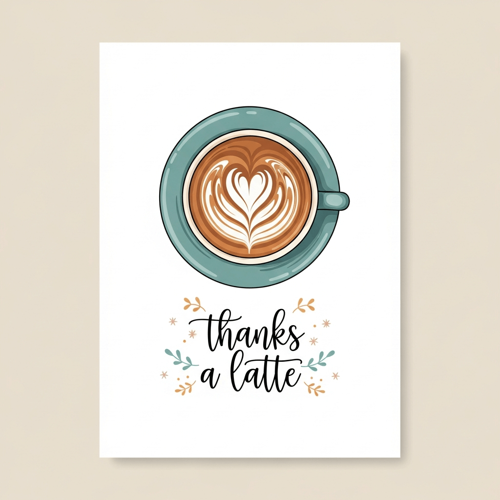 teacher appreciation card with a coffee, latte art that says: thanks a latte