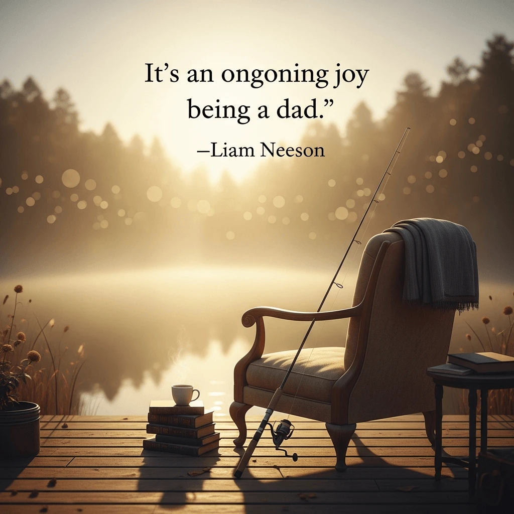 happy father's day graphic with a quote by liam neeson showing a chair and fishing eqiuipment