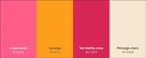 Paleta com 4 cores: rosa-coral, laranja, vermelho-rosa e pêssego-claro