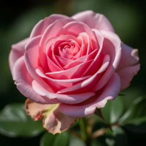 Close up em flor do tipo rosa com pétalas na cor rosa-claro. Fundo verde.