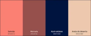 Paleta com as cores: salmão, marsala, azul-cetáceo e areia do deserto.