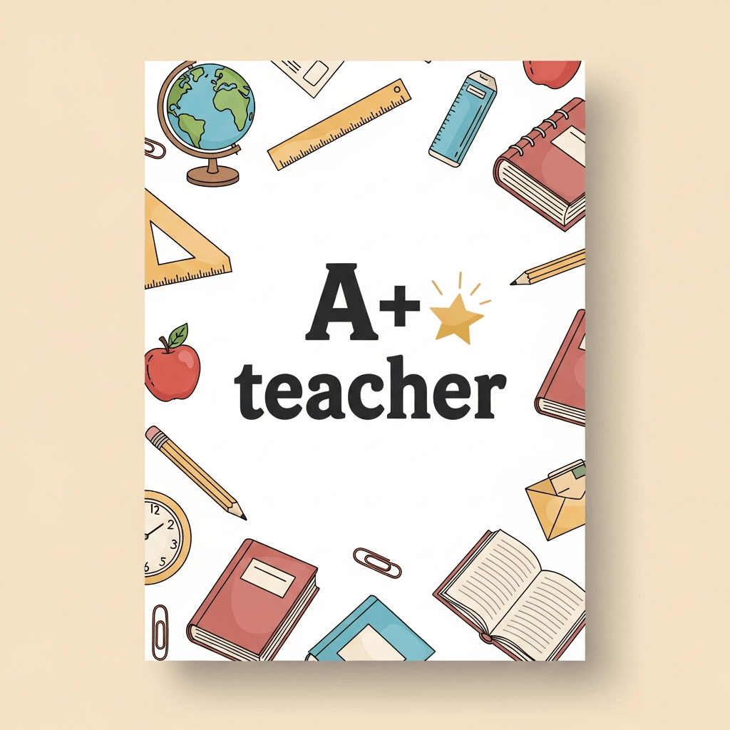 teacher appreciation card with school supplies and the words: a+ teacher