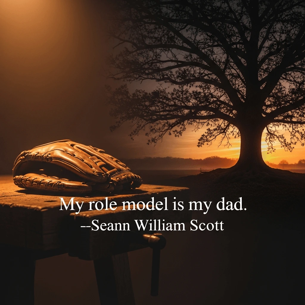 happy father's day graphic with a quote by seann william scott with a baseball mit and tree