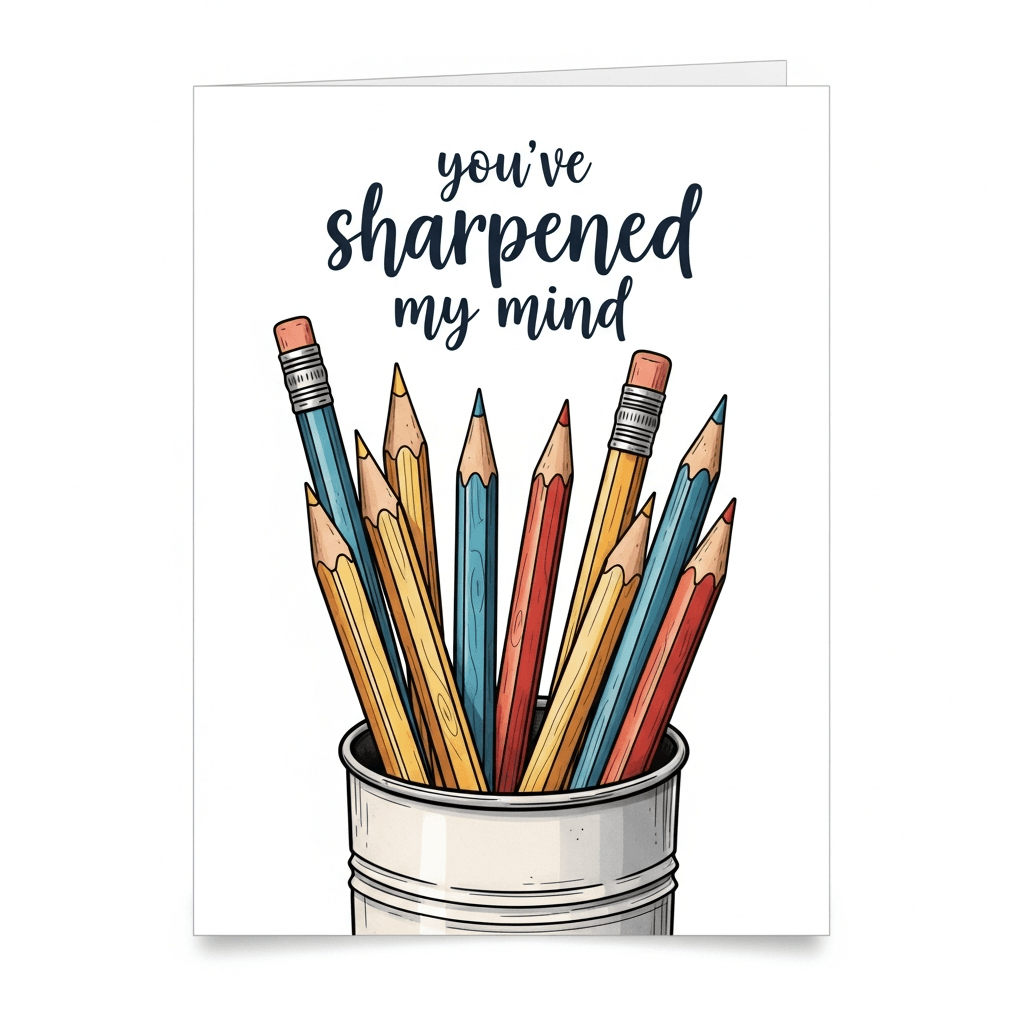 teacher appreciation card that shows illustrations of pencils in a metal cup with the words: you've sharpened my mind